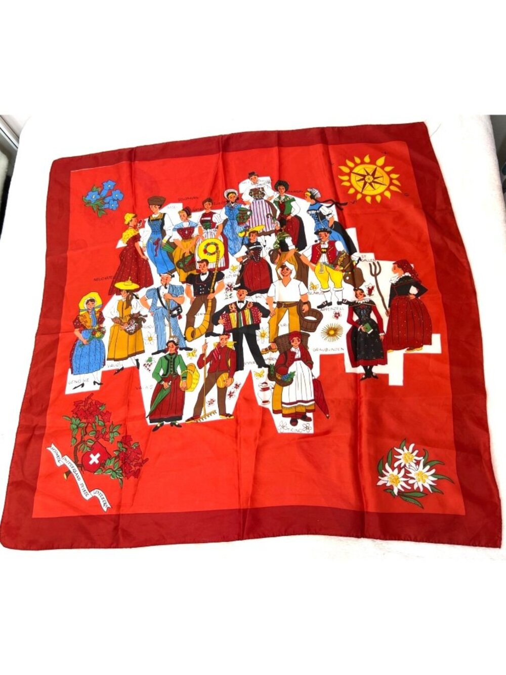Vintage Scarf Switzerland Souvenir Folk Costume Print Novelty Swiss Fribourgeois